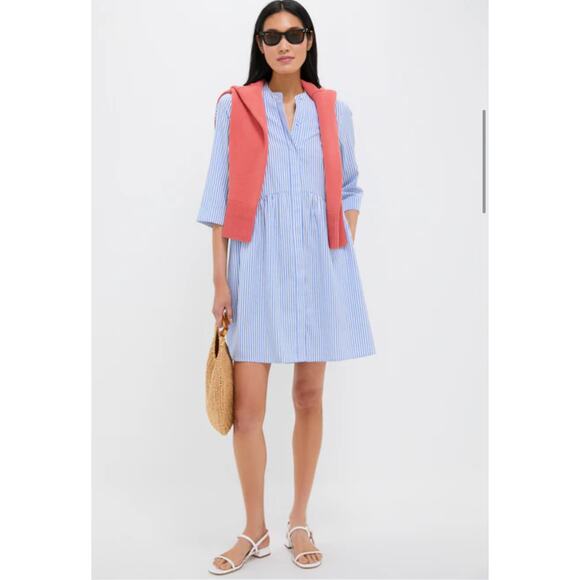 Tuckernuck Blue Stripe Royal Shirt Dress Large button down collar Stretch EUC - Picture 3 of 14